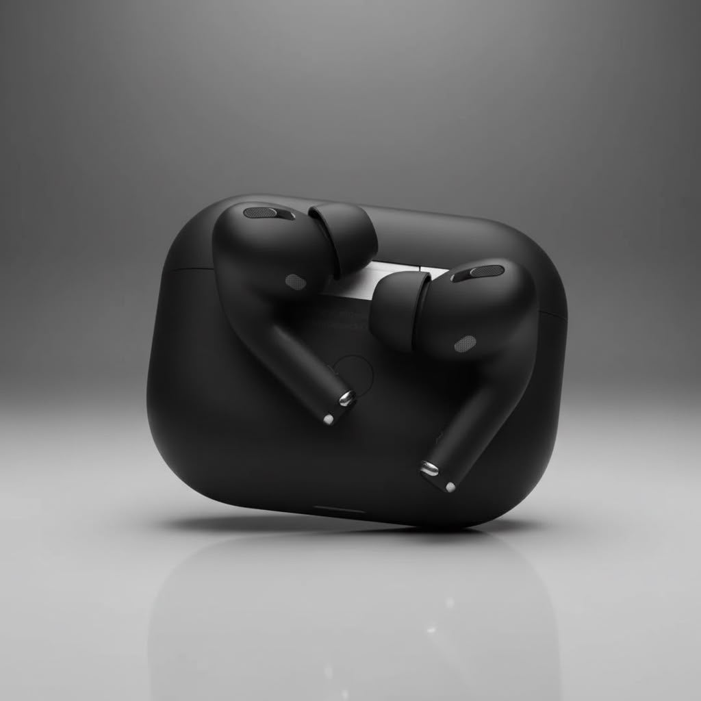 AirPods Pro 2 black earbuds with charging case flat lay
