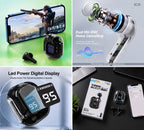 Air 31 black wireless earbuds in transparent charging case with LED display showing 90