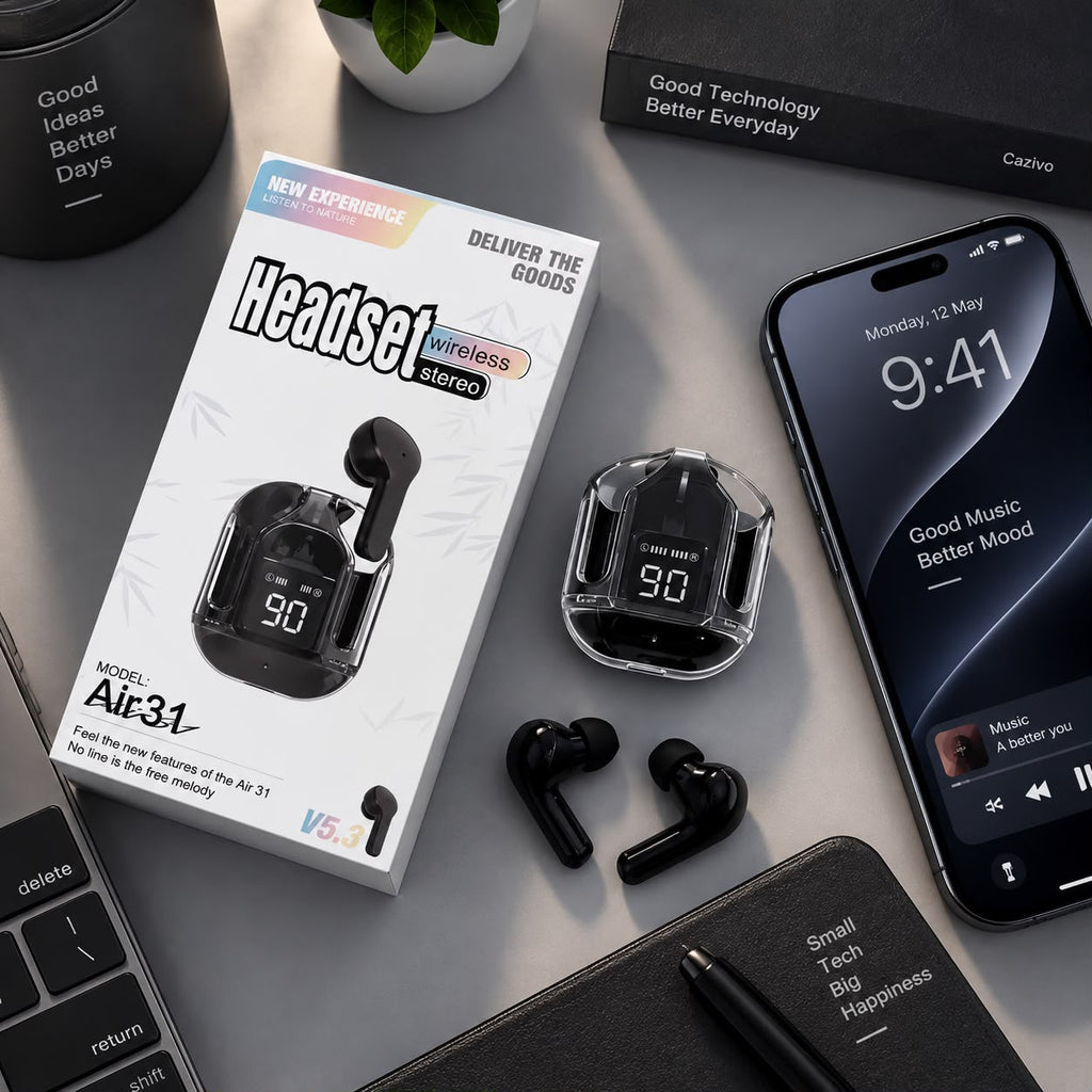 Air 31 wireless earbuds unboxed with charging case and phone showing Bluetooth connected