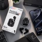 Air 31 wireless earbuds unboxed with charging case and phone showing Bluetooth connected
