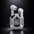 Air 31 white wireless earbuds in transparent charging case on white background