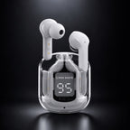 Air 31 white wireless earbuds in transparent charging case on white background