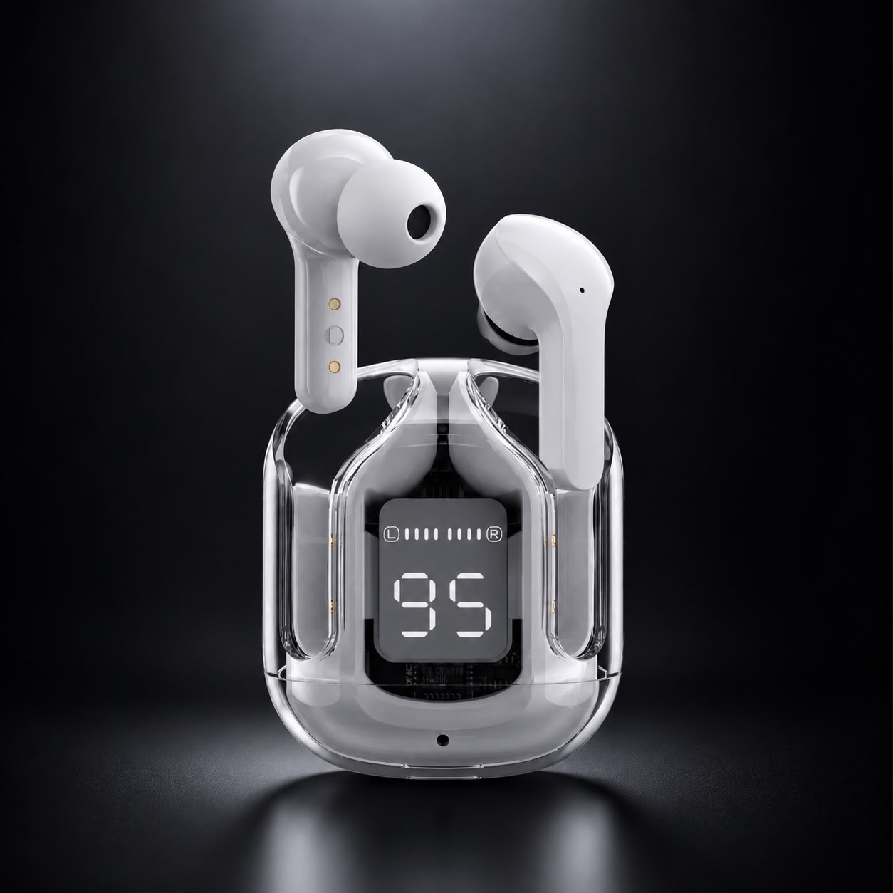 Air 31 white wireless earbuds in transparent charging case on white background
