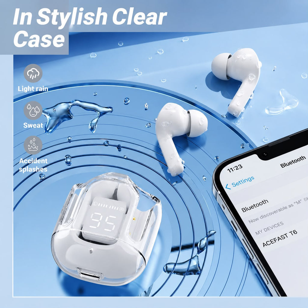 Air 31 white earbuds water resistant - light rain, sweat and splash proof with clear case and phone