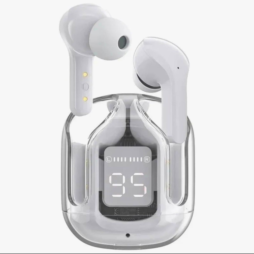 Air 31 white wireless earbuds with LED display showing 95 on dark background