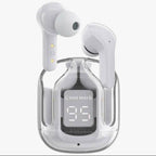 Air 31 white wireless earbuds with LED display showing 95 on dark background