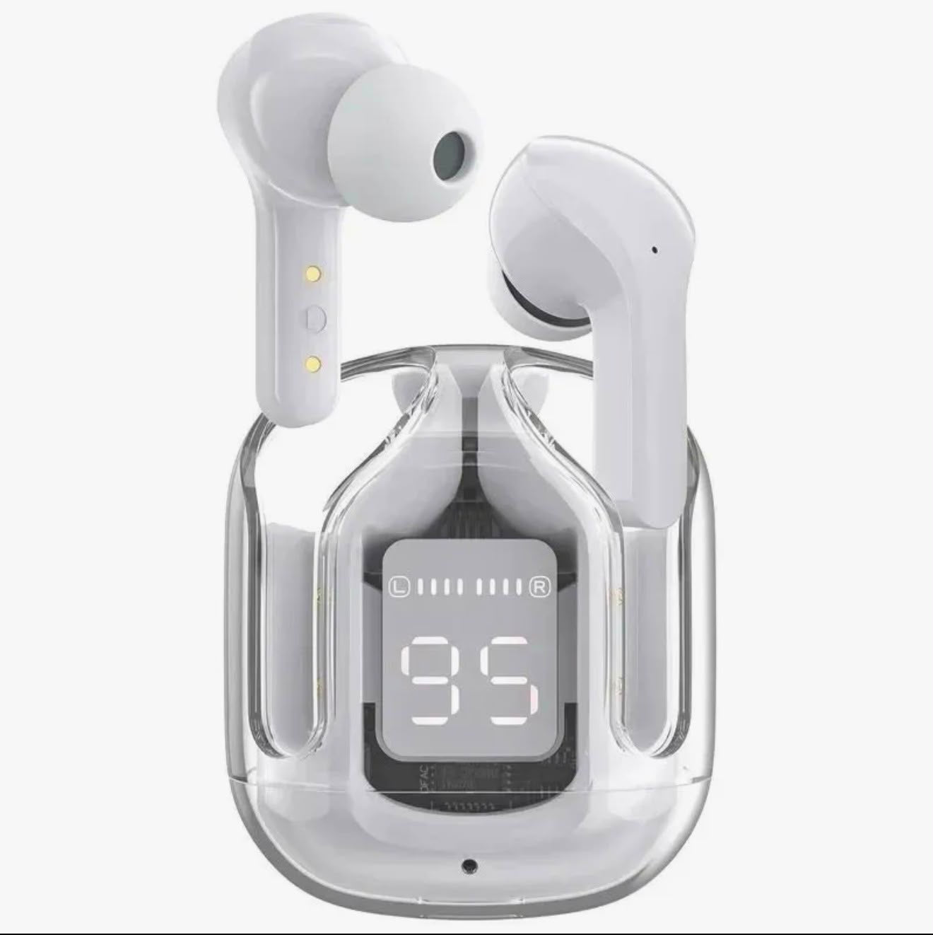 Air 31 white wireless earbuds with LED display showing 95 on dark background