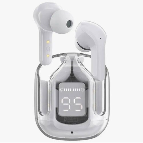 Air 31 white wireless earbuds with LED display showing 95 on dark background