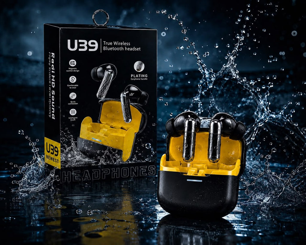 U39 wireless earbuds with yellow charging case splashing in water next to retail box