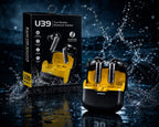 U39 wireless earbuds with yellow charging case splashing in water next to retail box