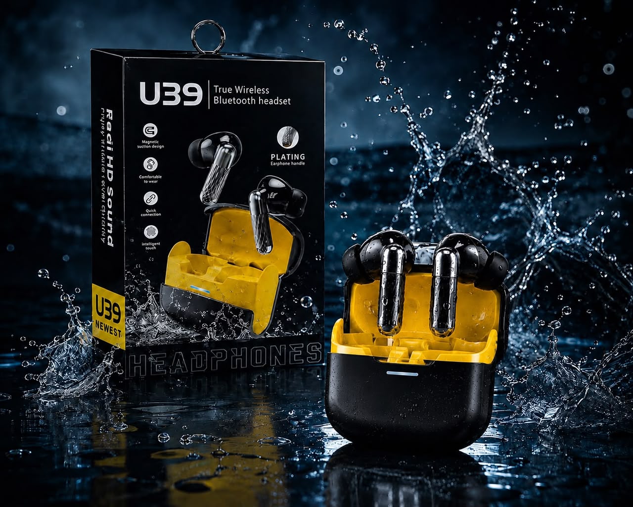 U39 wireless earbuds with yellow charging case splashing in water next to retail box