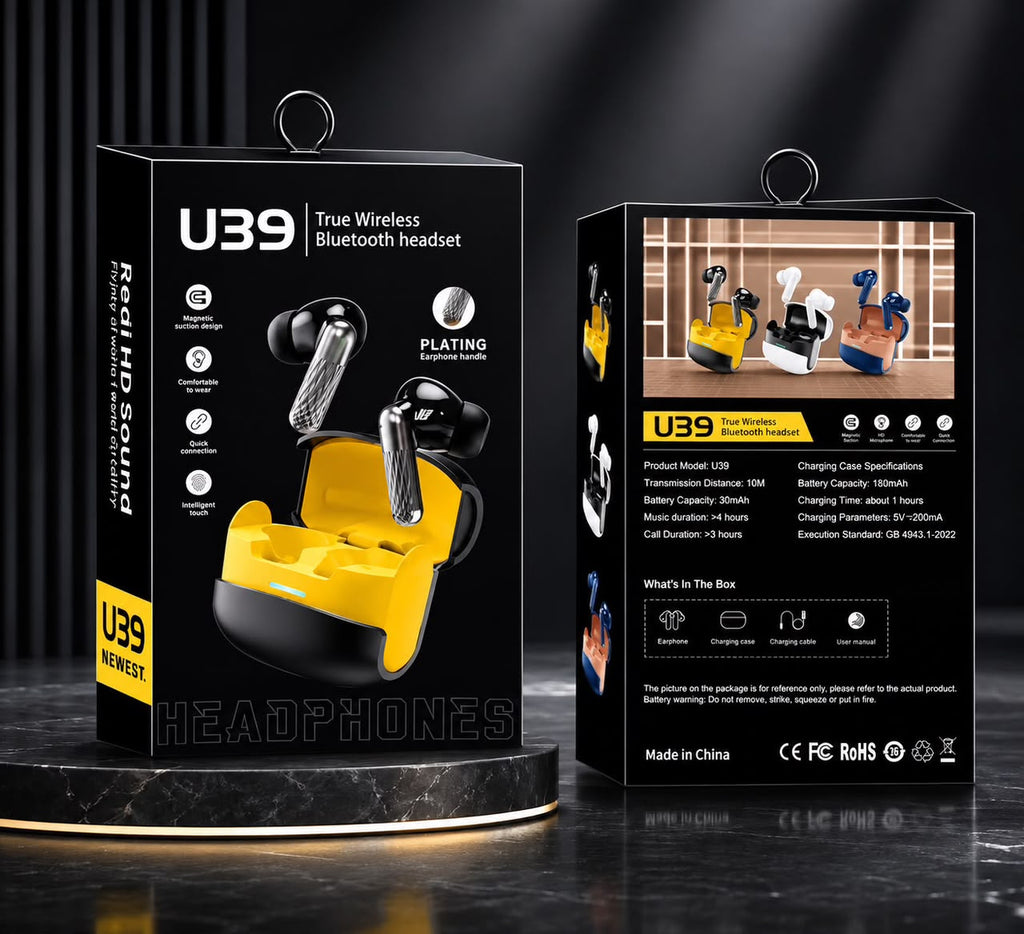 U39 retail box front and back with full specs - black and yellow packaging