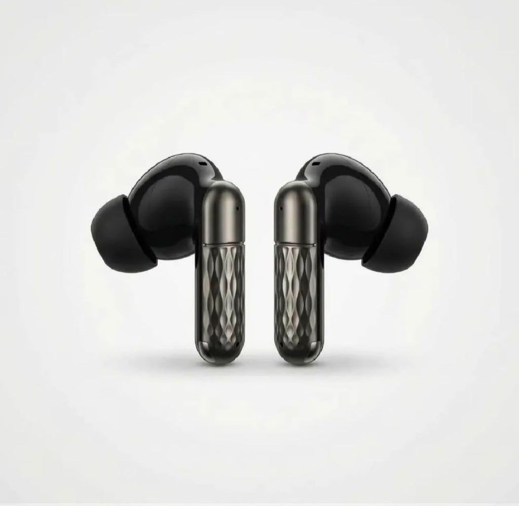 U39 black plated wireless earbuds close-up on white background