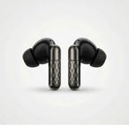 U39 black plated wireless earbuds close-up on white background