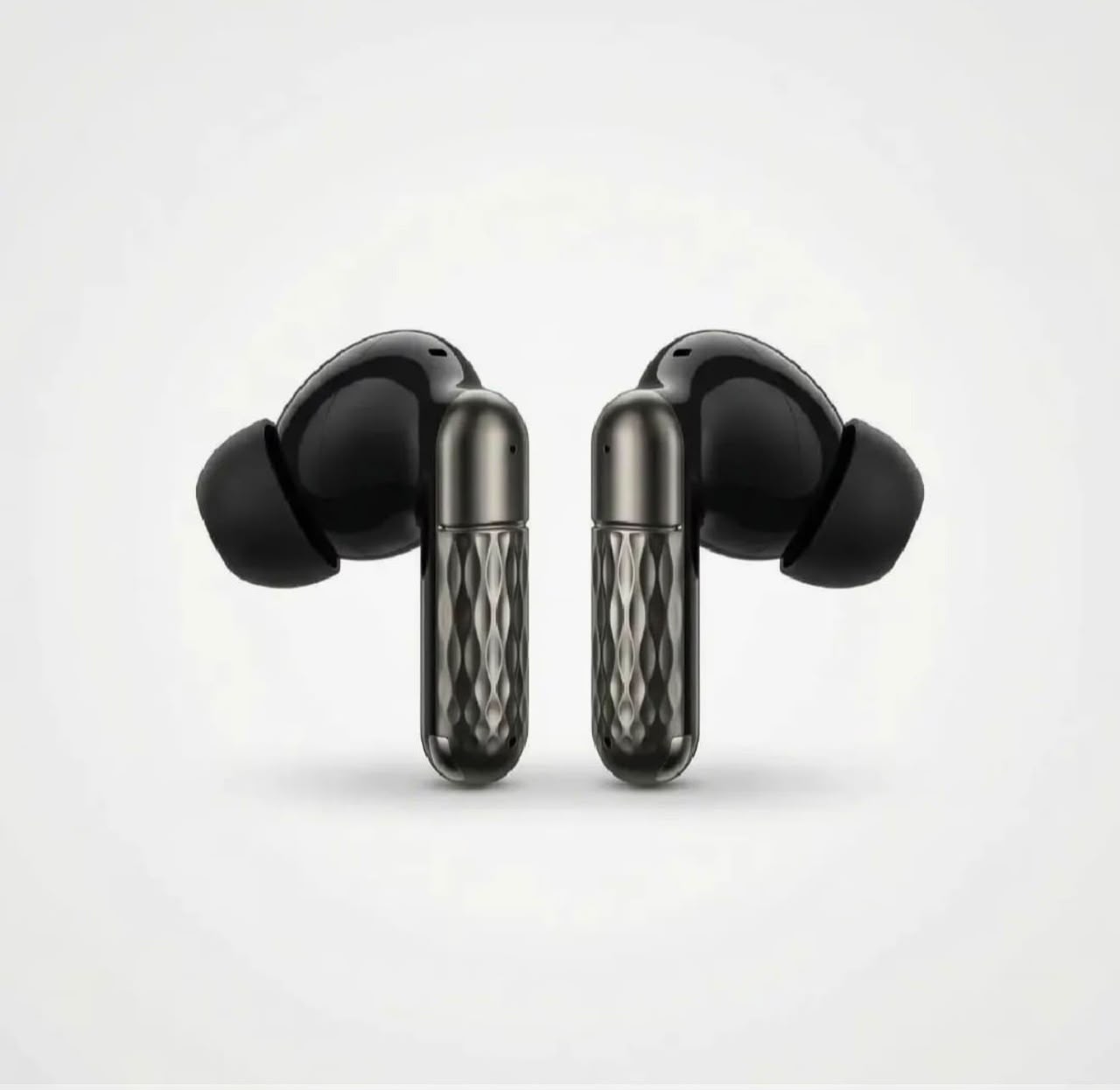 U39 black plated wireless earbuds close-up on white background