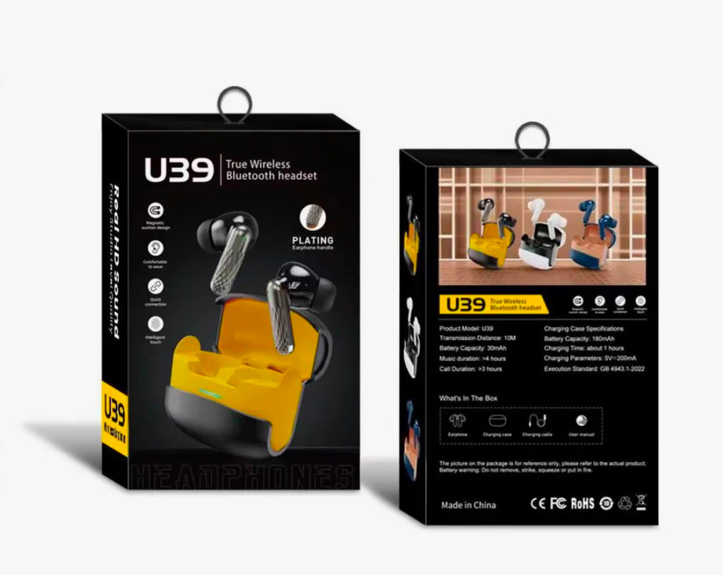 U39 earbuds retail box front and back on dark background