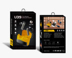 U39 earbuds retail box front and back on dark background