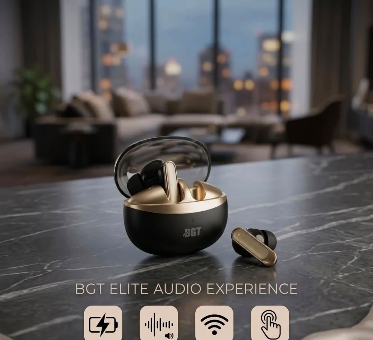 BGT Gold wireless earbuds in transparent case on marble table - elite audio experience