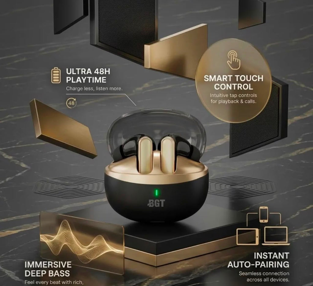 BGT Gold earbuds features - 48H playtime, smart touch control, deep bass, instant auto-pairing