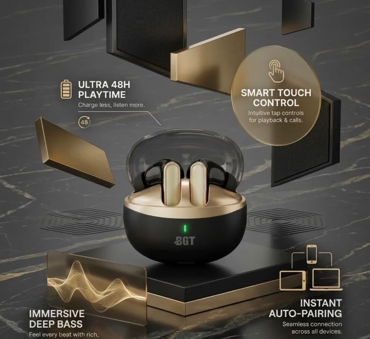 BGT Gold earbuds features - 48H playtime, smart touch control, deep bass, instant auto-pairing