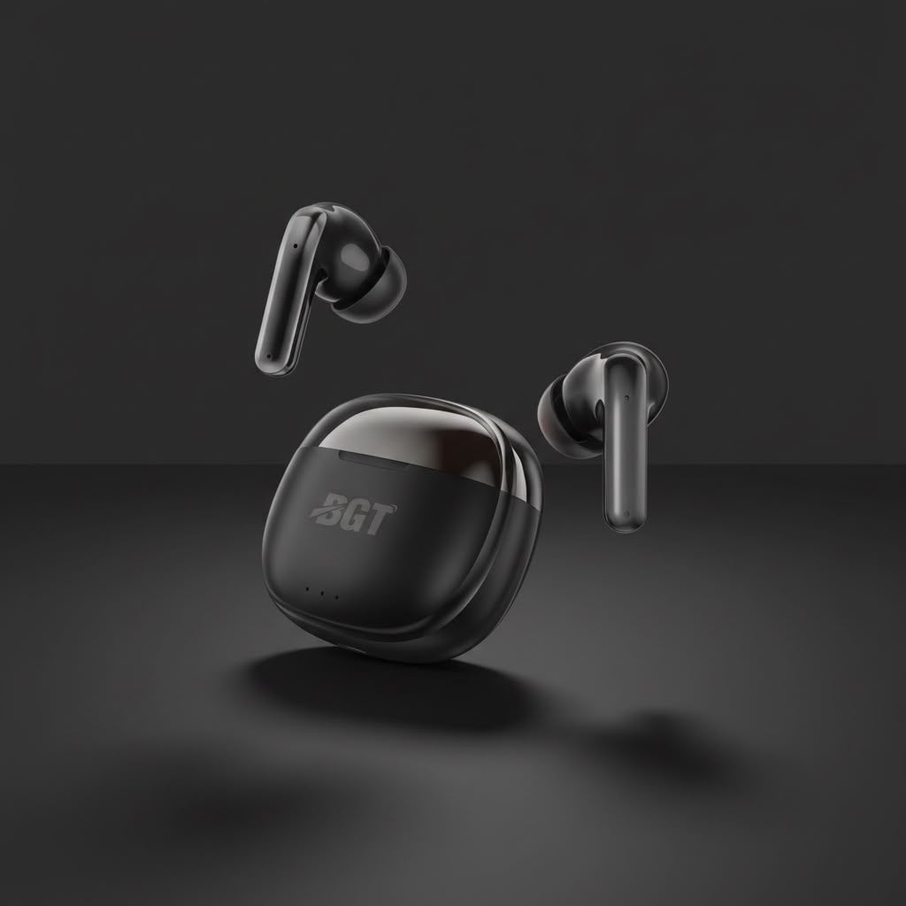 BGT Classic black wireless earbuds floating out of case on dark background