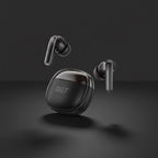 BGT Classic black wireless earbuds floating out of case on dark background