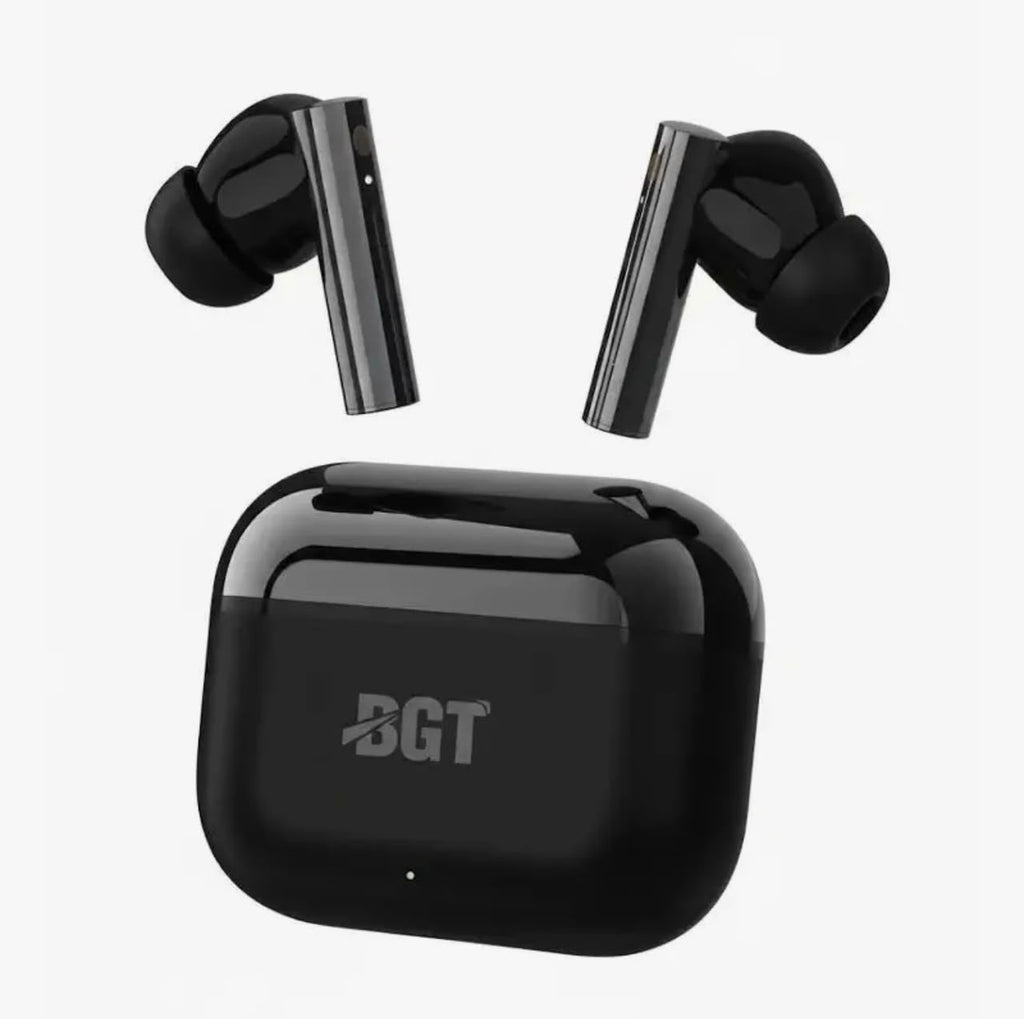 BGT Classic earbuds and glossy black charging case on white background