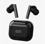 BGT Classic earbuds and glossy black charging case on white background