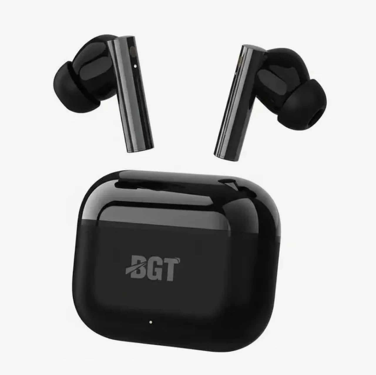 BGT Classic earbuds and glossy black charging case on white background