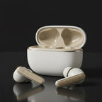 U49 white and gold wireless earbuds floating out of open charging case on dark background
