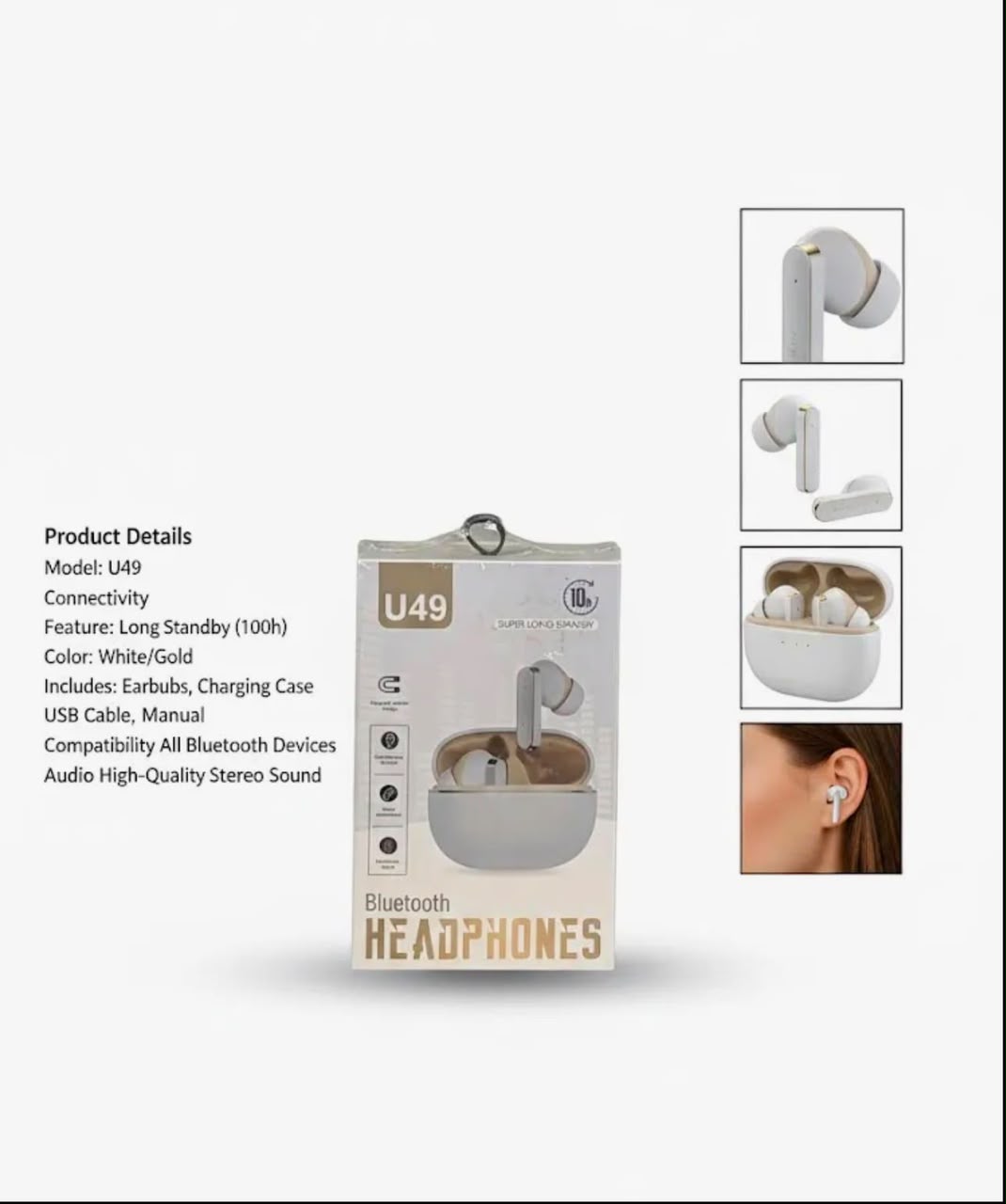 U49 retail box with product specs and earbud close-up shots including in-ear lifestyle photo