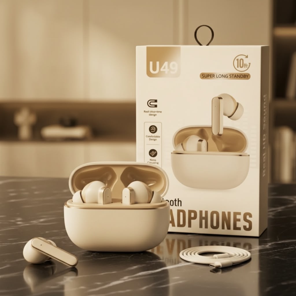 U49 white gold earbuds with retail box and USB cable on marble table - lifestyle shot