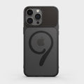 iPhone 15 Pro Max black magnetic case on phone showing magnetic ring and camera cutout