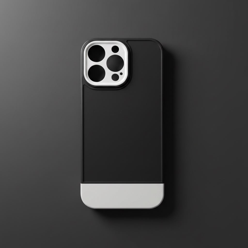 iPhone 14 Pro Max black and white case flat lay on dark grey background - top view