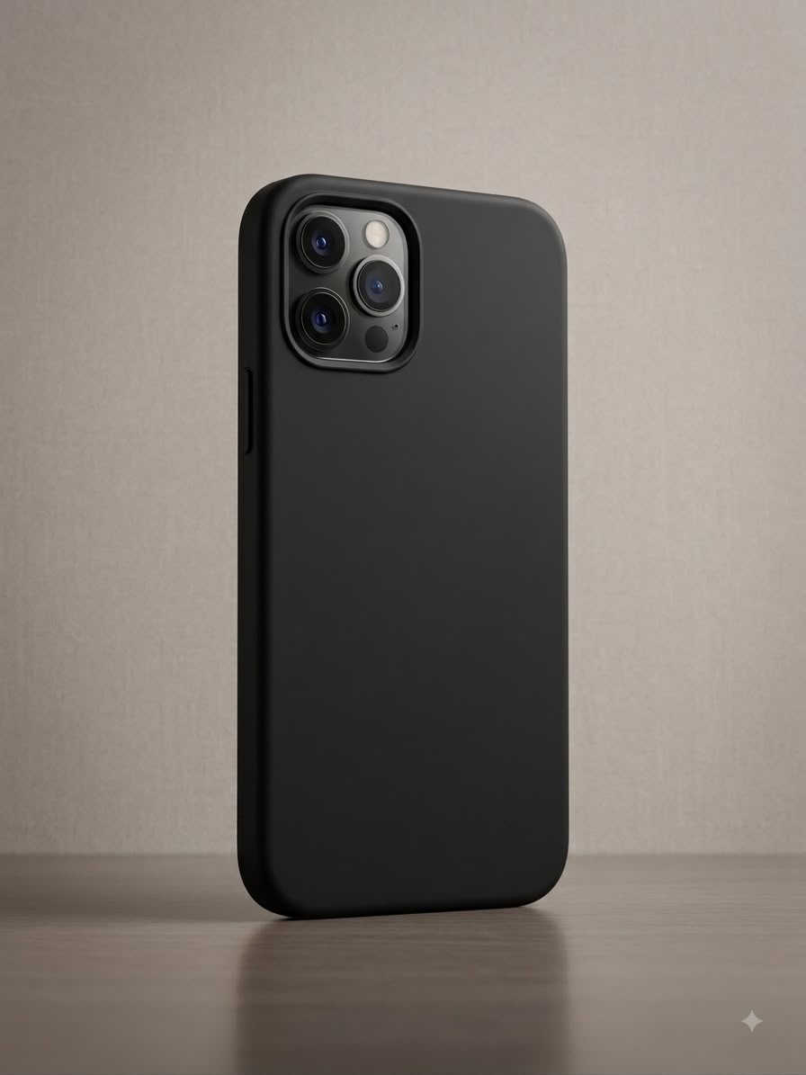 iPhone 12 Pro sky blue silicone case angled on white background showing camera cutout