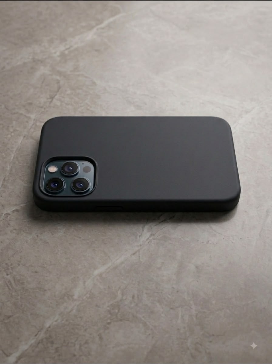 iPhone 12 Pro sky blue silicone case flat lay on dark background - top view