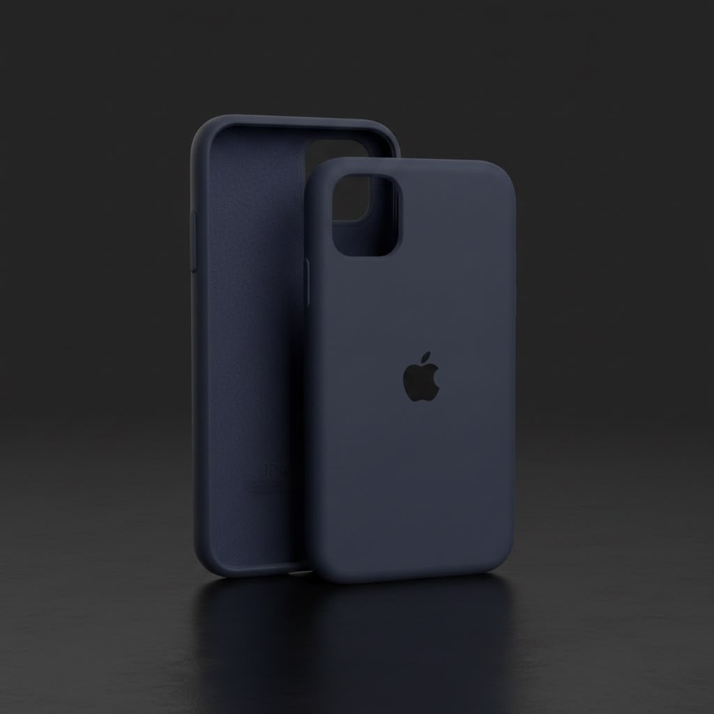 iPhone 12 midnight blue Apple silicone case front and back 3D render on dark background