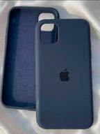 iPhone 12 Pro midnight blue Apple silicone case front and back on white satin fabric