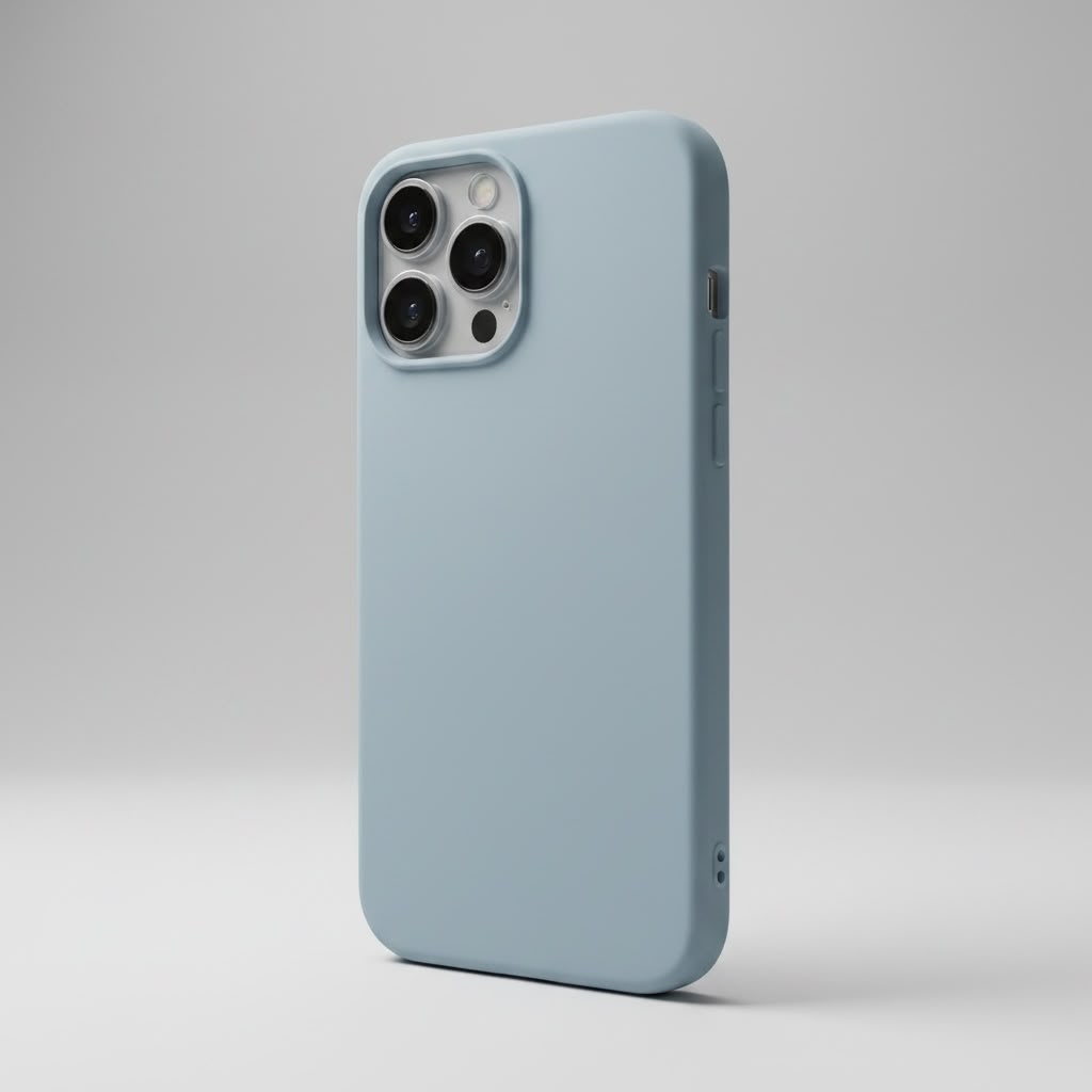 iPhone 12 Pro black silicone case standing angled on grey background showing camera cutout