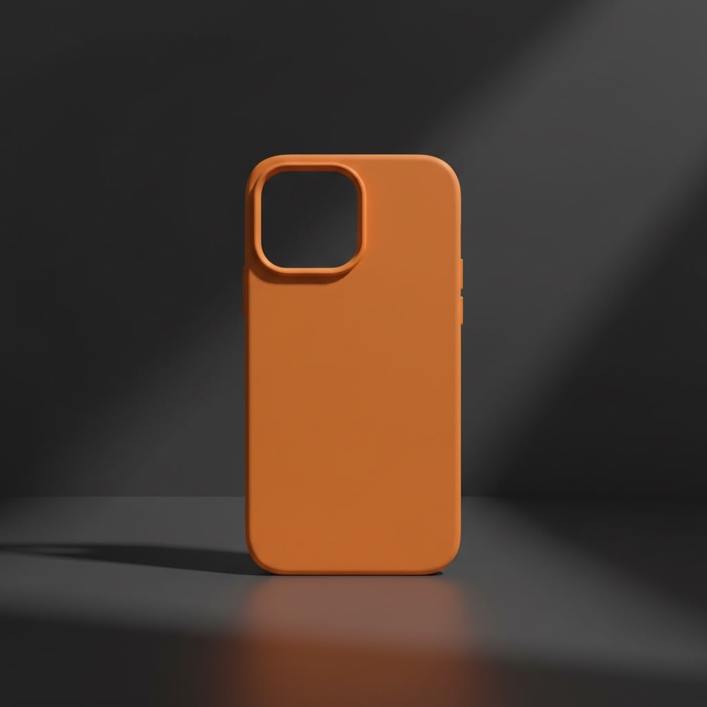 iPhone 16 Pro Max orange silicone case standing on dark reflective surface - dramatic lighting