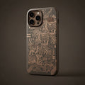 iPhone 13 Pro Max creative circuit design case on phone - gold circuit pattern on dark background angled view