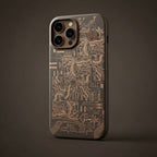 iPhone 13 Pro Max creative circuit design case on phone - gold circuit pattern on dark background angled view
