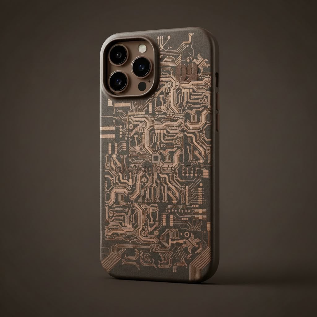 iPhone 13 Pro Max creative circuit design case on phone - gold circuit pattern on dark background angled view