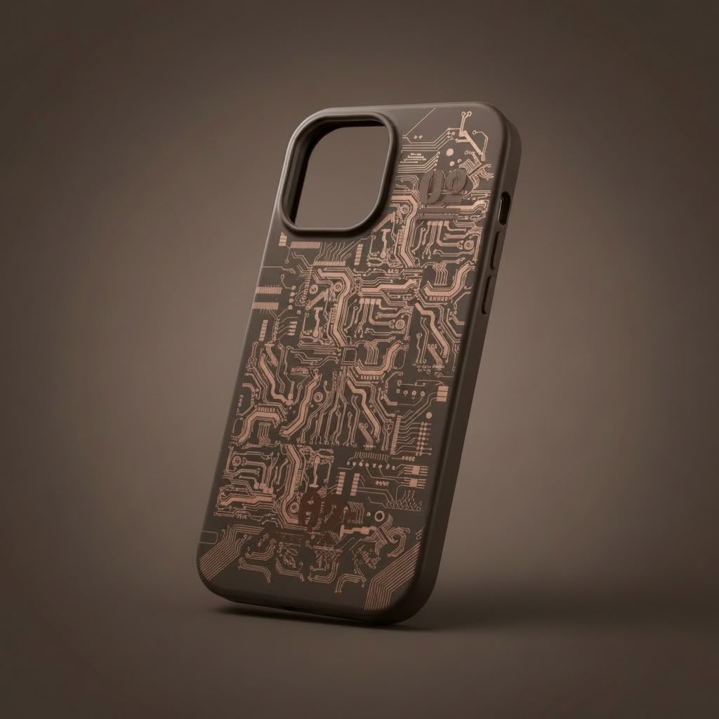 iPhone 13 Pro Max creative circuit design case floating angled on dark brown background - gold circuit board pattern