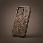 iPhone 13 Pro Max creative circuit design case floating angled on dark brown background - gold circuit board pattern
