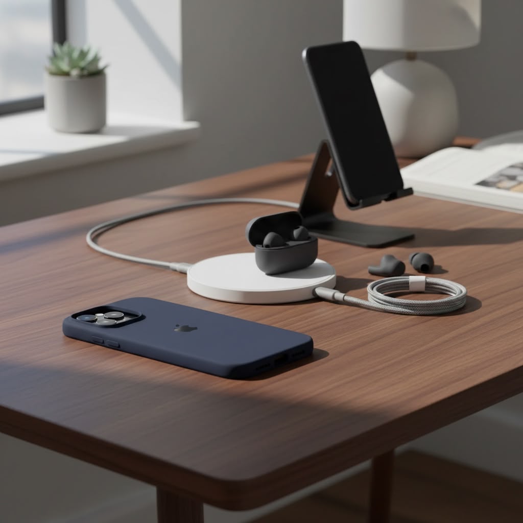iPhone 15 navy blue silicone case on phone lying on wooden desk with earbuds and wireless charger - lifestyle