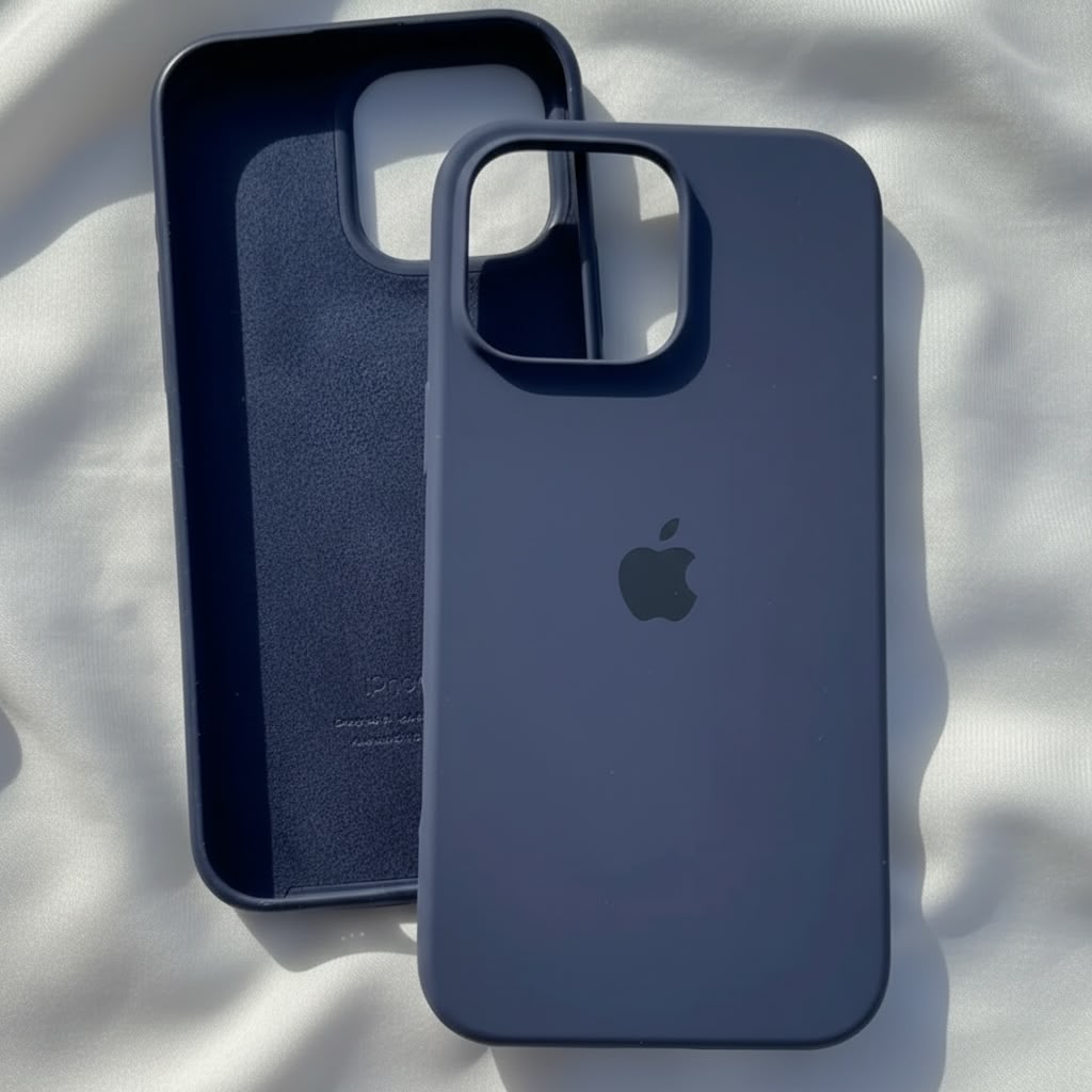iPhone 15 navy blue silicone case with box on white satin fabric in sunlight - top view