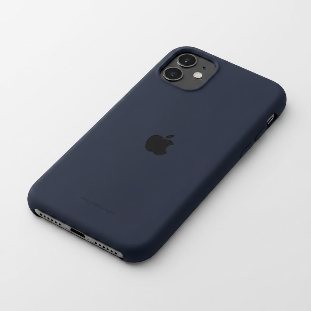 iPhone 11 orange silicone case front and back on dark reflective surface - product shot