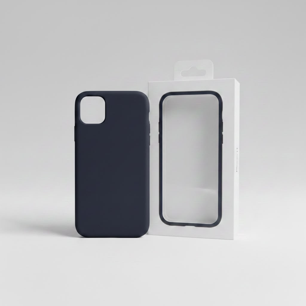 iPhone 11 dark blue silicone case with white retail box on white background