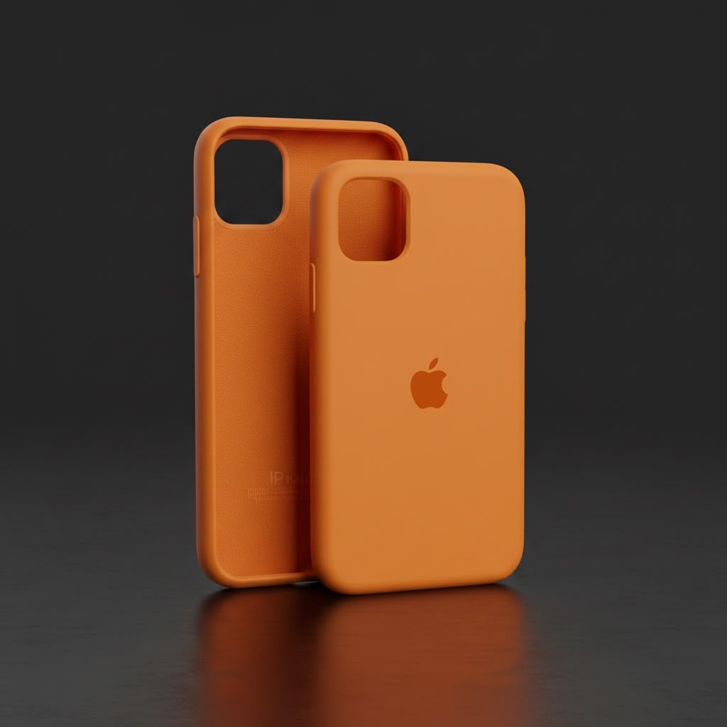 iPhone 11 dark blue silicone case on phone lying flat on white surface - top angled view
